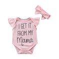 thumbnail image 1 of Newborn Baby Girl Flying Sleeve Letters Romper Jumpsuit + Bow Headband Set, 1 of 9