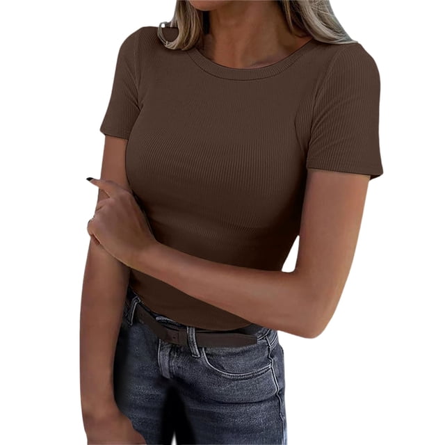NINGMENG Womens Tops Solid Color Short Sleeve Crewneck Rib Knit Slim Fit Basic Summer Casual Trendy Tops Pullover T Shirts Holiday Wear,Brown,M