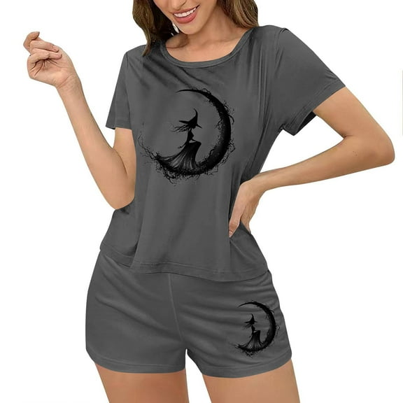 SwiftWear Women's Halloween Activewear Pajama Set Short Sleeve Sleepwear & Lounge Set, Witch Moon Print Top with Shorts, Comfort for Sleep & Light Exercise Gray