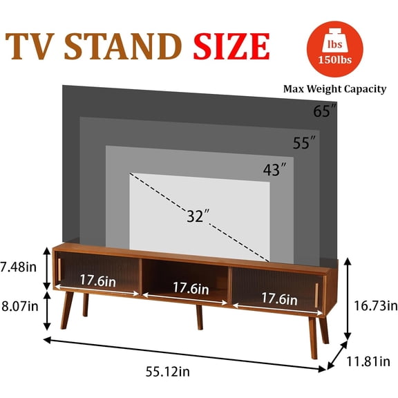 TV Stand Entertainment Center for 55-65 Inch TVs with Storage Cabinet, Mid- Modern Wood Console for Living Room Bedroom, Brown