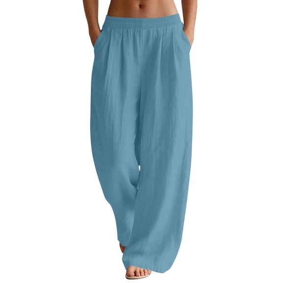 XFLWAM Cotton Linen Pants for Women Elastic Waist Wide Leg Palazzo Pants Casual Flowy Beach Vacation Travel Trousers with Pockets