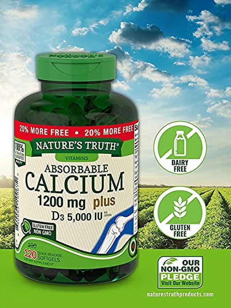 Absorbable Calcium 1200 mg with Vitamin D3 5000 IU | 120 Softgels | Calcium Carbonate Supplement | Non-GMO Gluten Free | Nature's Truth