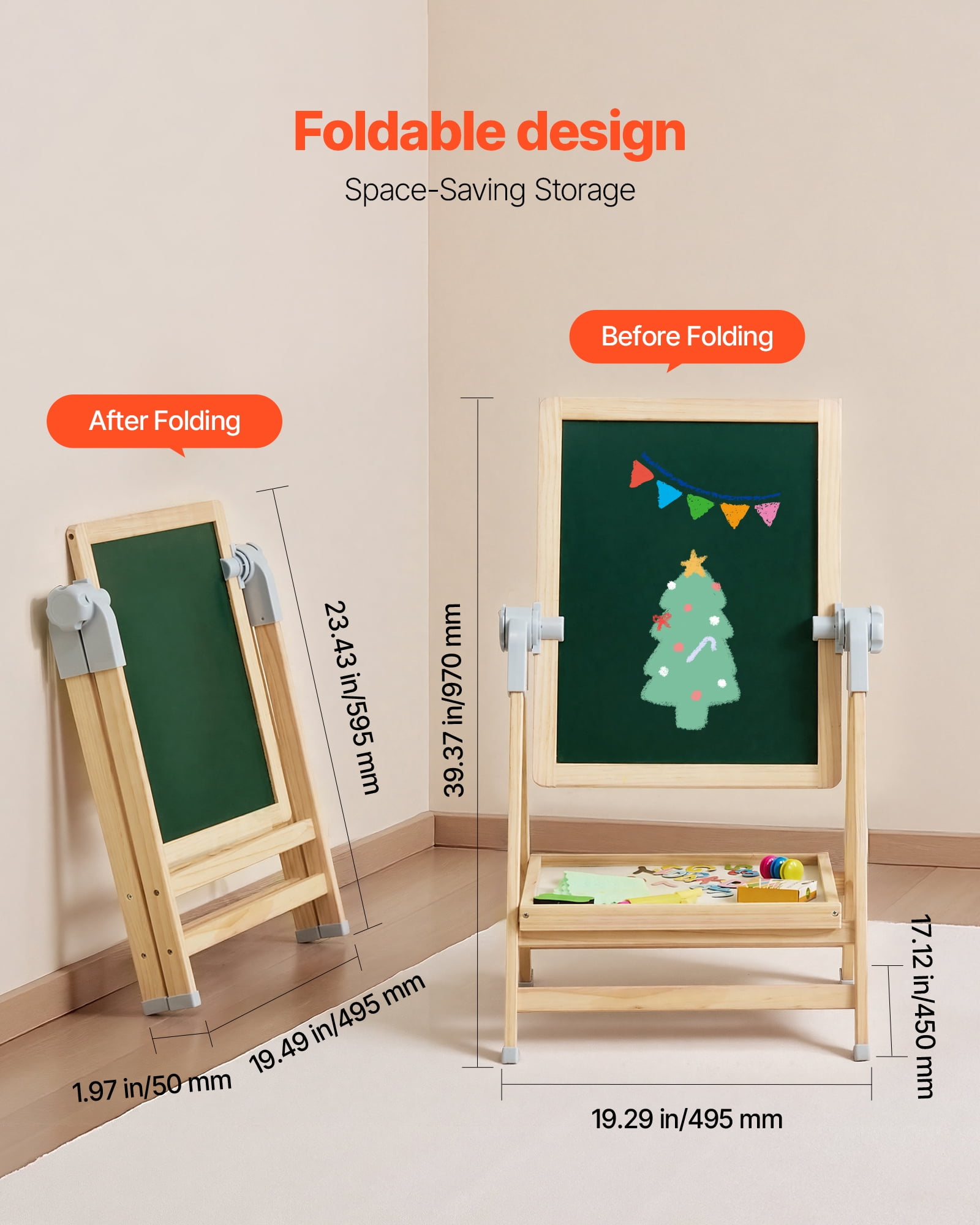 VEVOR Art Easel for Kids, 2-in-1 Wooden Double-Sided Kides Art Easel with Magnetic Whiteboard & Chalkboard, Adjustable Standing Rotatable Foldable Drawing Board with Painting Accessories for Boy Girl