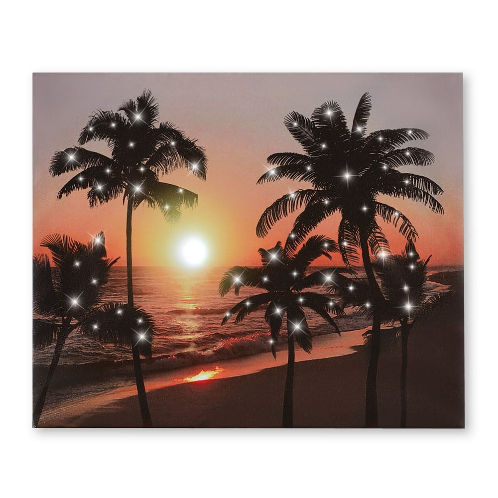 Collections Etc LED Canvas Beach Scene Wall Art with Palm Trees