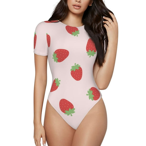 Balery Strawberry Body de cuello redondo de manga corta para mujer Tops de manga corta Tops básicos-Medium