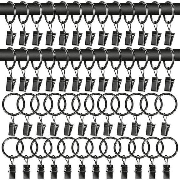44 Pack Curtain Rings with Clips,Curtain Hooks,Drapery Clips with Rings, Drapes Rings 1.26 in Interior Diameter, Fits up to 1 in Curtain Rod, Black
