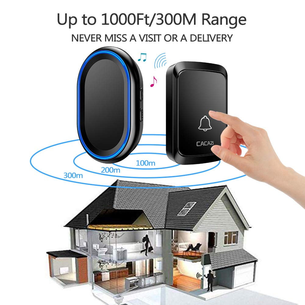 Wireless Doorbell, Waterproof Door bell Chime Operating at Over 1000 Feet with 4 Volume Levels, 58 Melodies (Black)