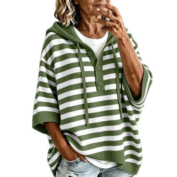 cocolona Womens 3/4 Sleeve Striped Sweater Hooded Drawstring Pullover Casual Fall Knit Tops