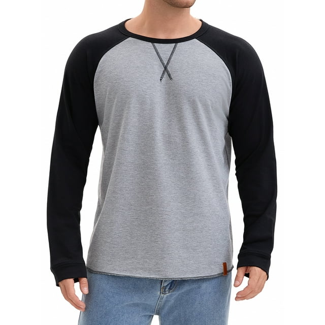 Camiseta de manga larga para hombre, color bloque, estilo casual, raglán, 2XL, gris