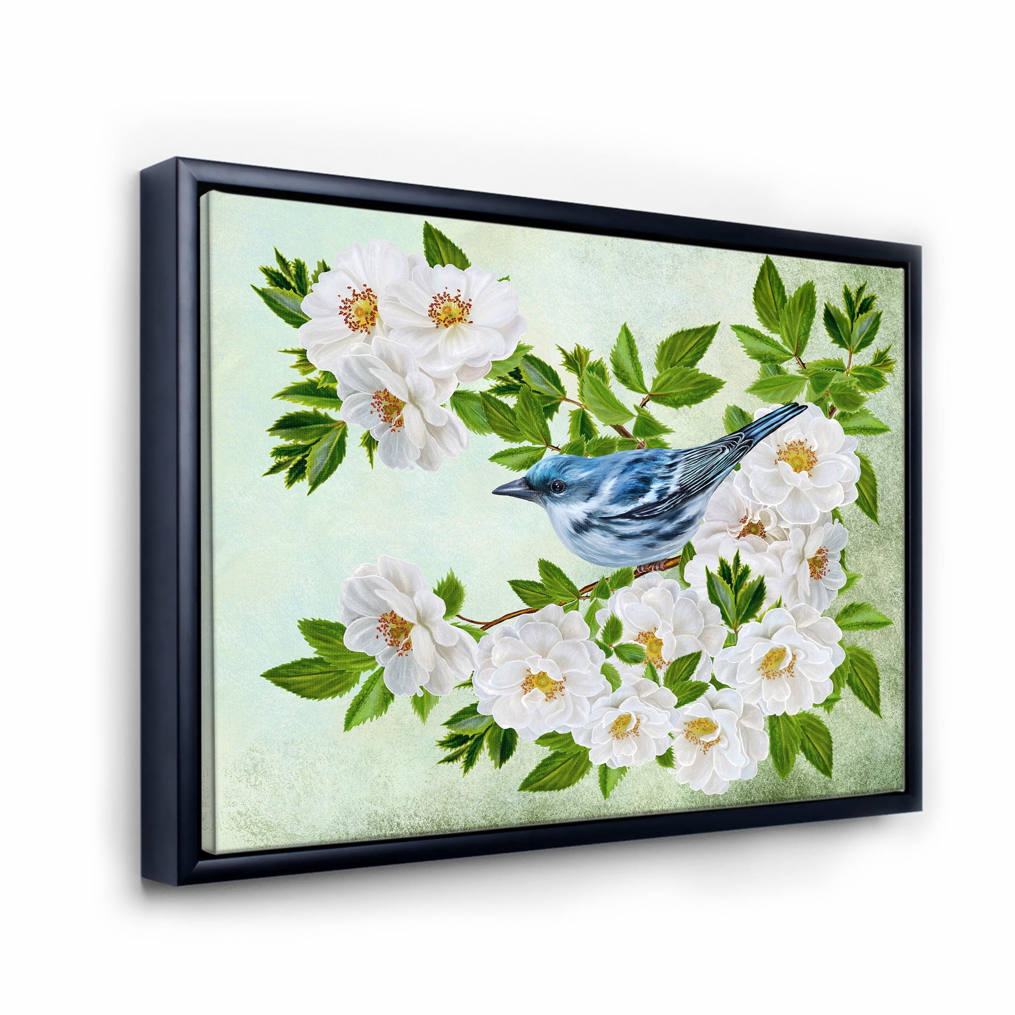 Designart 'Little Blue Bird Sitting On A Branch of White Rose Plant' Traditional Framed Canvas Wall Art Print