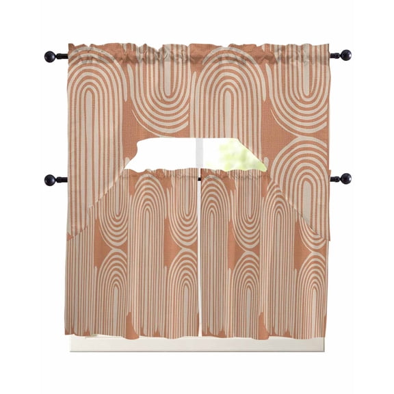 Line Texture Swag Curtains for Living Room/Bedroom Windows, Orange Abstract Art Retro Kitchen Curtains and Valances Set 36 Inch Length, Light Filtering Swags Valance Curtain Panels