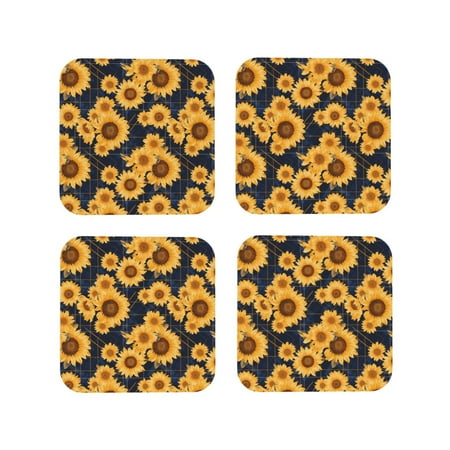 

Fuzoiu Navy Blue Plaid Sunflower Print Leather Coasters Set Drink Coasters Set of 4 for Tabletop Protection Durable PVC Coasters Home Décor and Housewarming Gift-Square