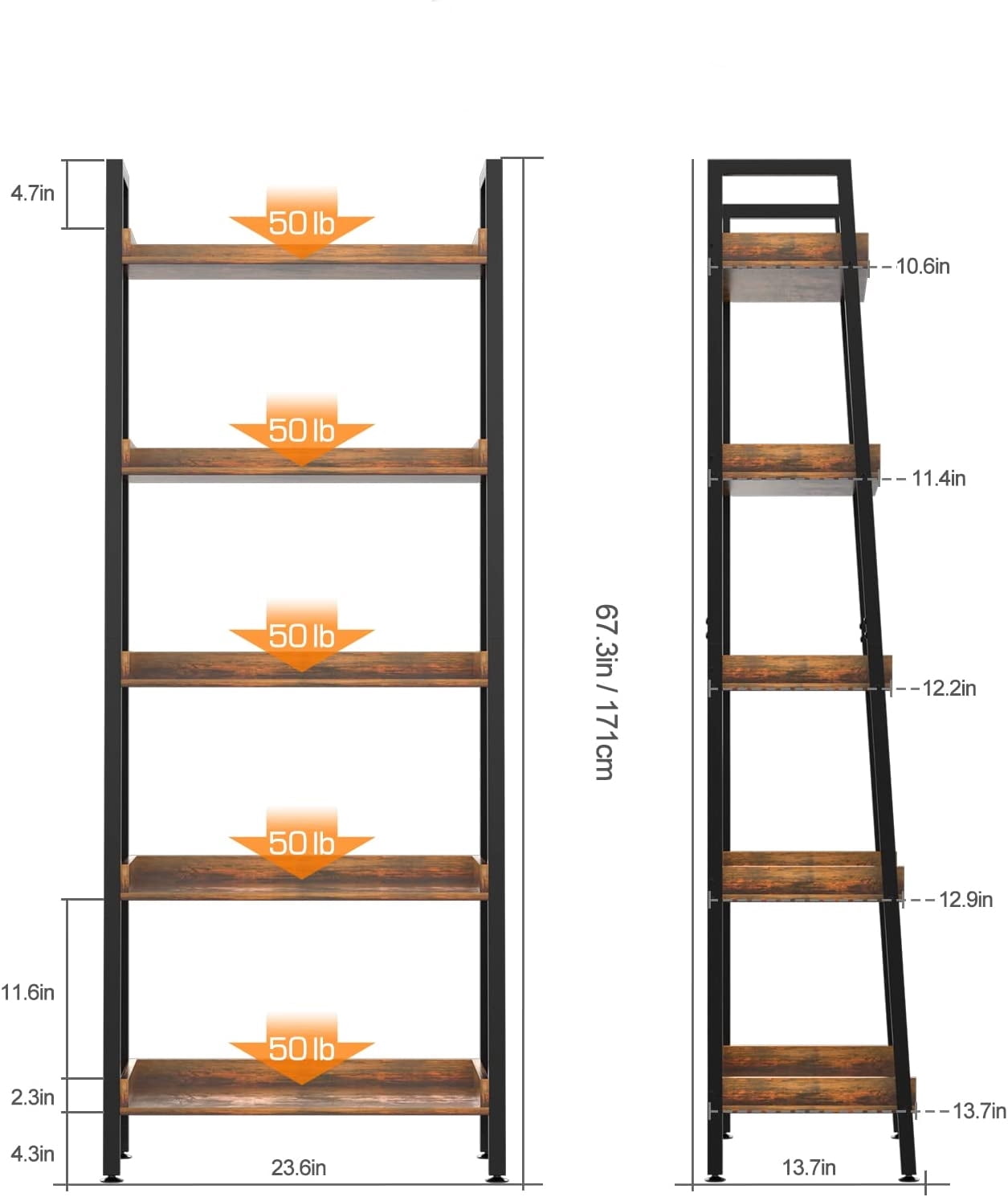 Industrial Bookshelf 5-Tier, Bookcase Ladder Shelf, Storage Shelves Rack Shelf Unit, Accent Furniture Metal Frame, Home Office Furniture for Bathroom, Living Room