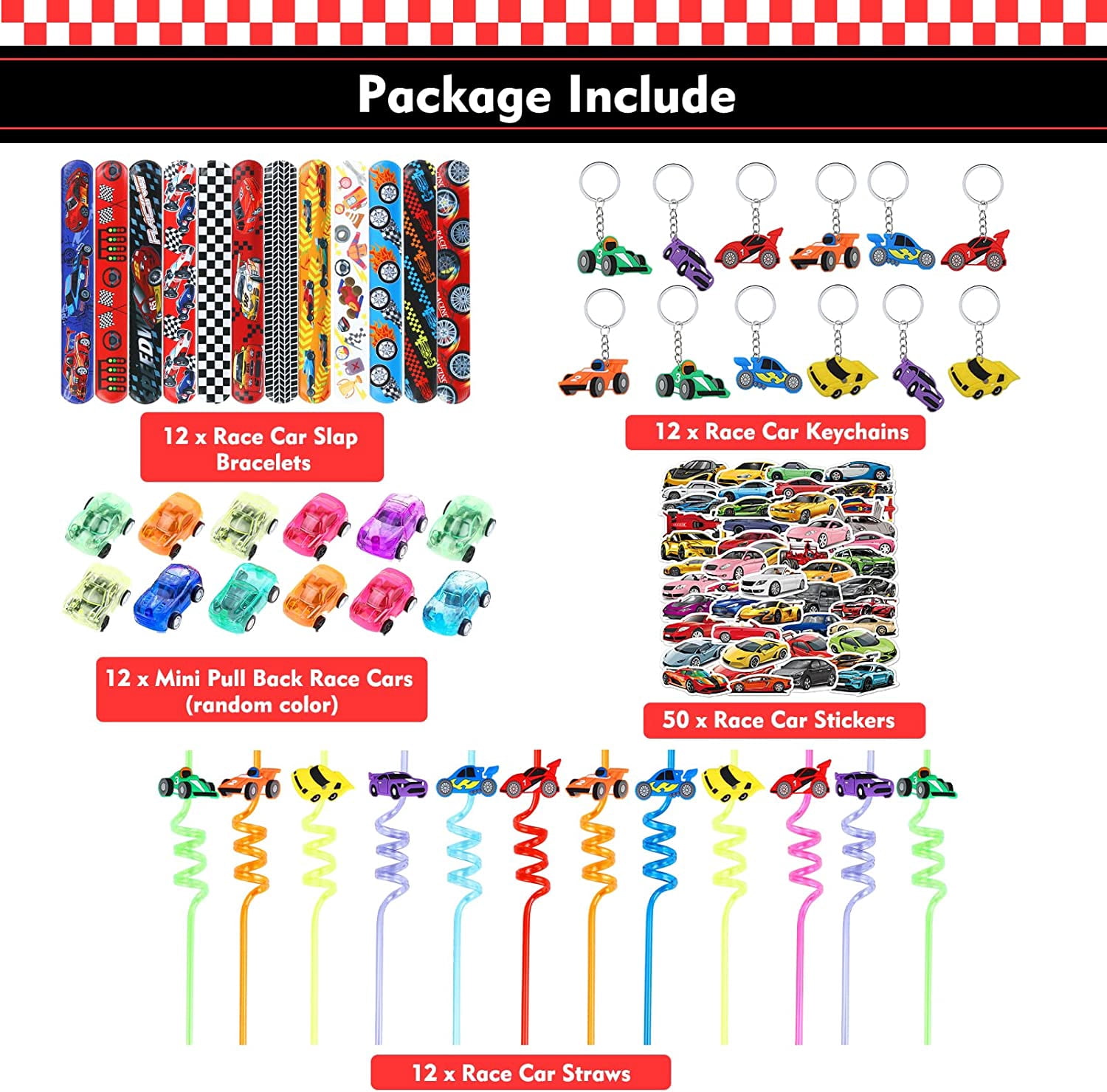 12 Pack Race Car Birthday Party Favors Set for Boys Kids Keychains Straws Slap Bracelets Mini Race Cars Sticker Racing Car Theme Birthday Party Supplies Baby Shower Treat Gift Goodie Bag Pinata Filler