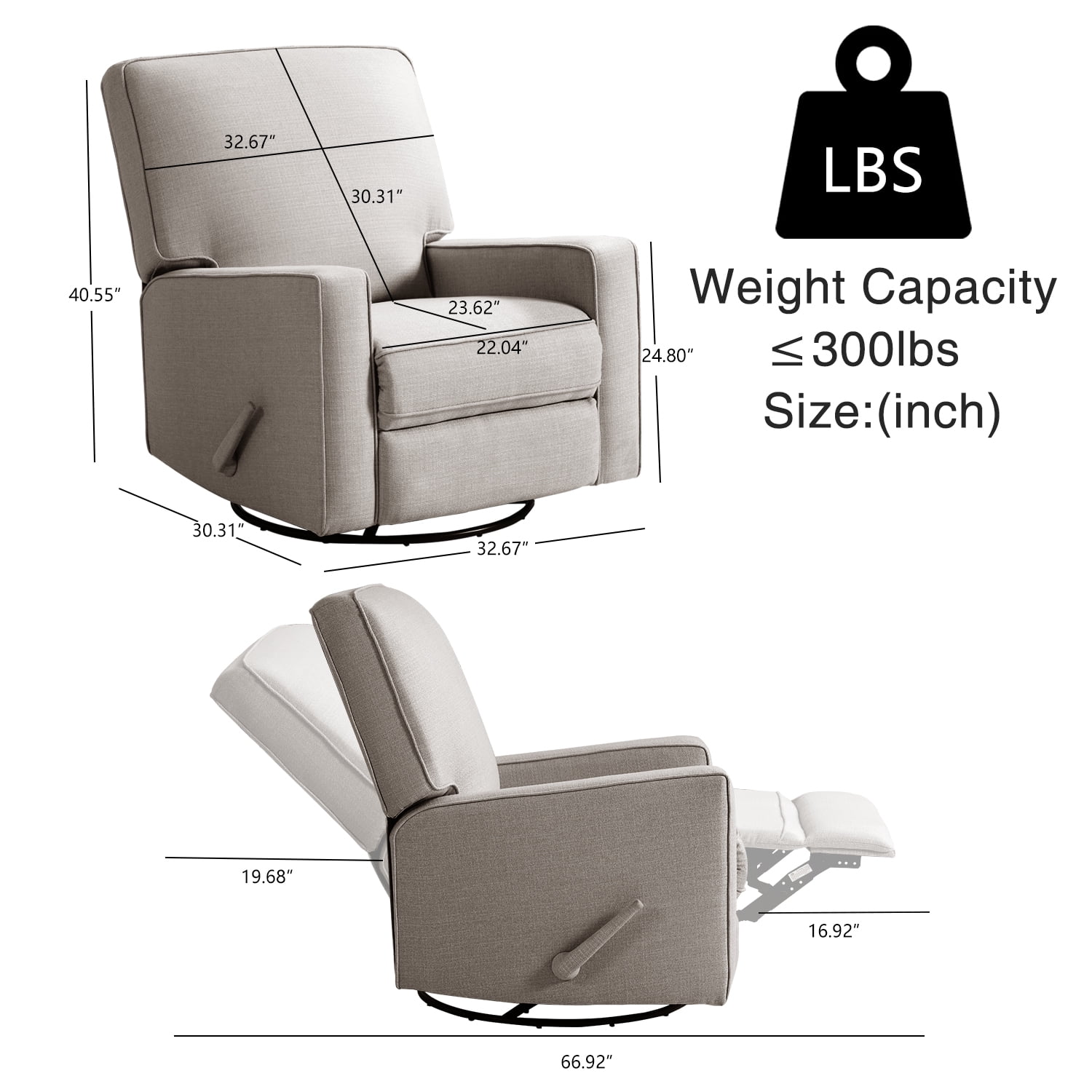 Harkawon Swivel Rocker Recliner Chair, High Back Glider Recliner with Linen Fabric, Nursery & Living Room Ergonomic Rocking Chair for Small Spaces, Grey
