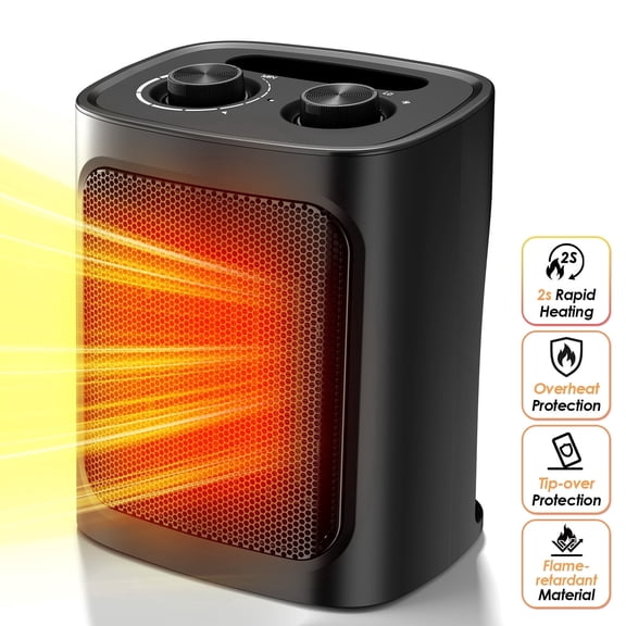 Auseo 750W/1500W Space Heater with ETL Certified,  2S Rapid Heating, Multiple Safety Protection, Ceramic Heater for Home/Bathroom/Kitchen/Office, Black