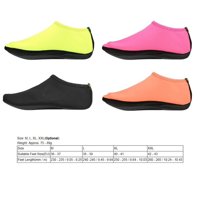 zapato aqua shoes, 1 par escarpines para buceo y snorkel zapatillas de natación transpirables en la playa de secado rápido(m-black) artículos deportivos octpeak no — color listado: Transparente; imagen muestra cuatro variantes en vista lateral en colores neón, rosa, negro y salmón con suela negra antideslizante, cuerpo tipo calcetín de tejido transpirable y una tabla de tallas impresa en la parte inferior.