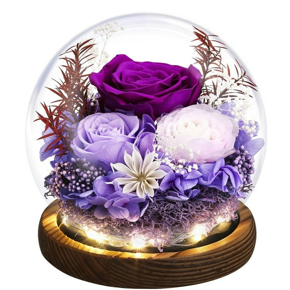 Eternal Rose Gifts for Mom, Preserved Real Rose in Glass Dome with LED Light for Decoration, Flowers for Delivery Prime, Gifts for Women Wife Her on Birthday Anniversary,Purple