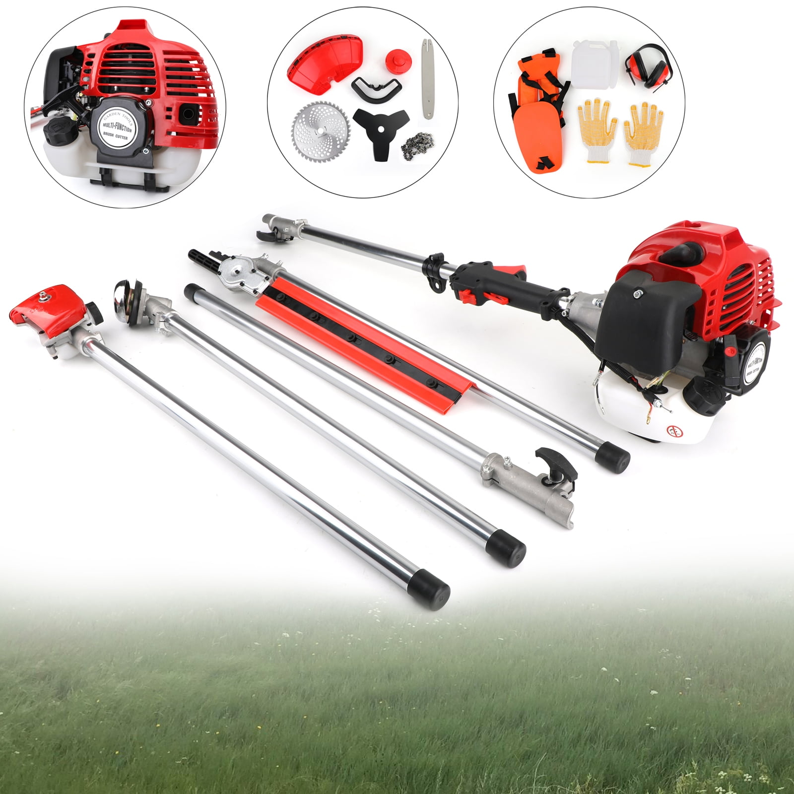 Brush Cutter Iglobalbuy 52CC Gas Multi-Functional 5 in 1 Pole Hedge Trimmer Trimmer Pole Chainsaw Pruner & 43 inch Extension Pole 