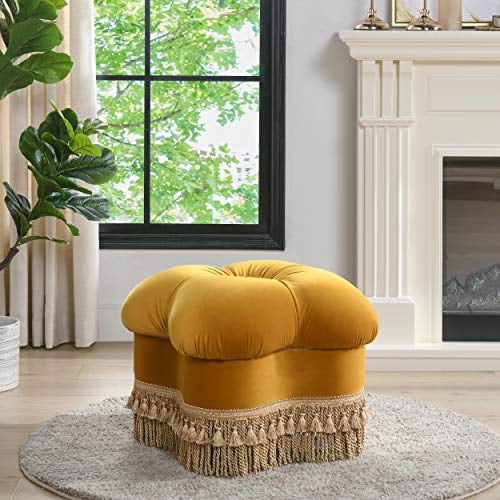 Jennifer Taylor Pouf en Trèfle Rembourré à la Maison avec Frange de Lingot d'Or, Velours de Performance Jaune Riche