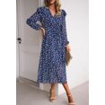 thumbnail image 2 of Floral Print Ruffle Shoulder Long Sleeve Midi Dress for Women Navy X-Large, 2 of 5