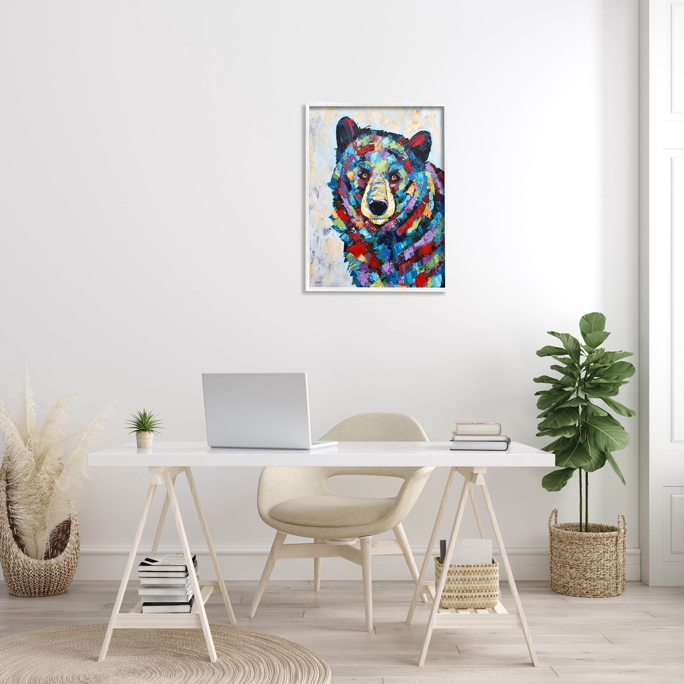 Geometric Hued Abstract Bear Animals & Insects Painting White Framed Art Print Wall Art