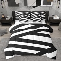 Homewish Contemporary Art Boho 7 Pieces Bedding Comforter Set,Geometric Striped Line Full Bedding Set,White Black Fitted Sheet Flat Sheet For Boys Teens,Breathable Home Decor