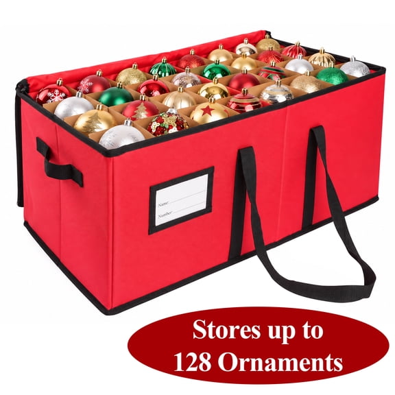 TARNIQOZ Christmas Ornament Storage Box, Stores up to 128 Ornaments, Large Christmas Ball Storage Container with Dividers, Extra Pockets and Dual Zipper