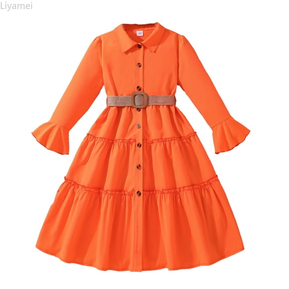 Liyamei Girls Party Dresses, Kids Long Sleeve Dress, Lapel Shirt Dress with Belt Formal Daily Orange 7-8 Years