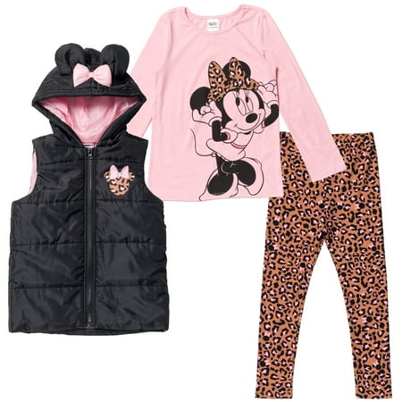 

Disney Minnie Mouse Zip Up Vest Puffer T-Shirt and Leggings 3 Piece Outfit Set Infant to Big Kid