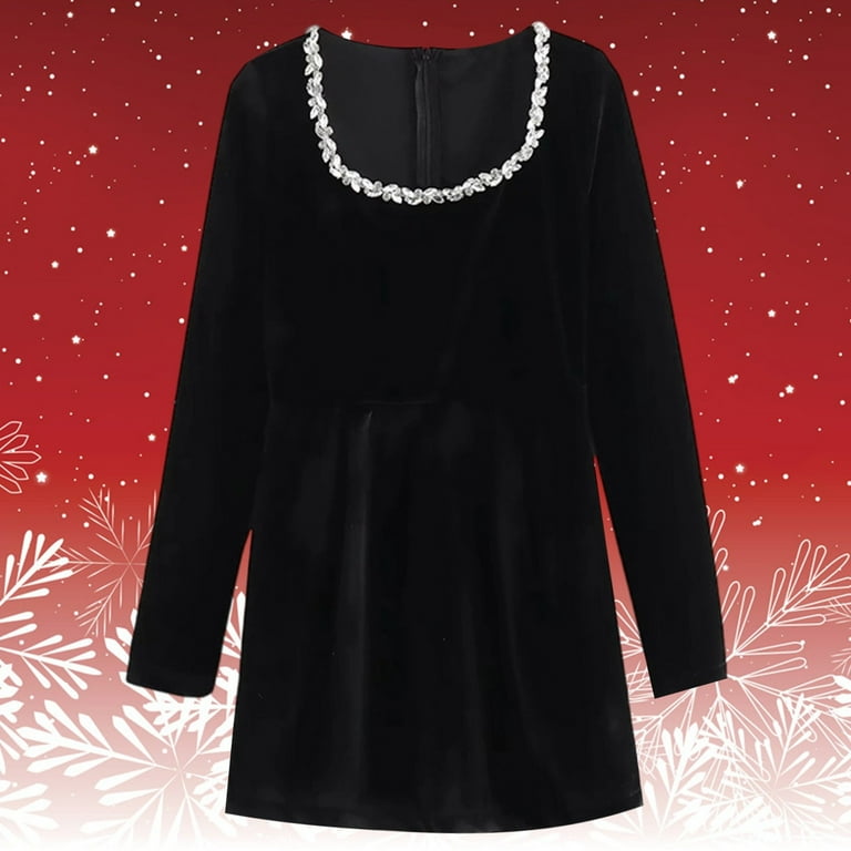 Adeawade Women Dresses Square Neck Long Sleeve Velvet Mini Dress With  Rhinestone Embellishments Stylish Clothes Black S - Walmart.com