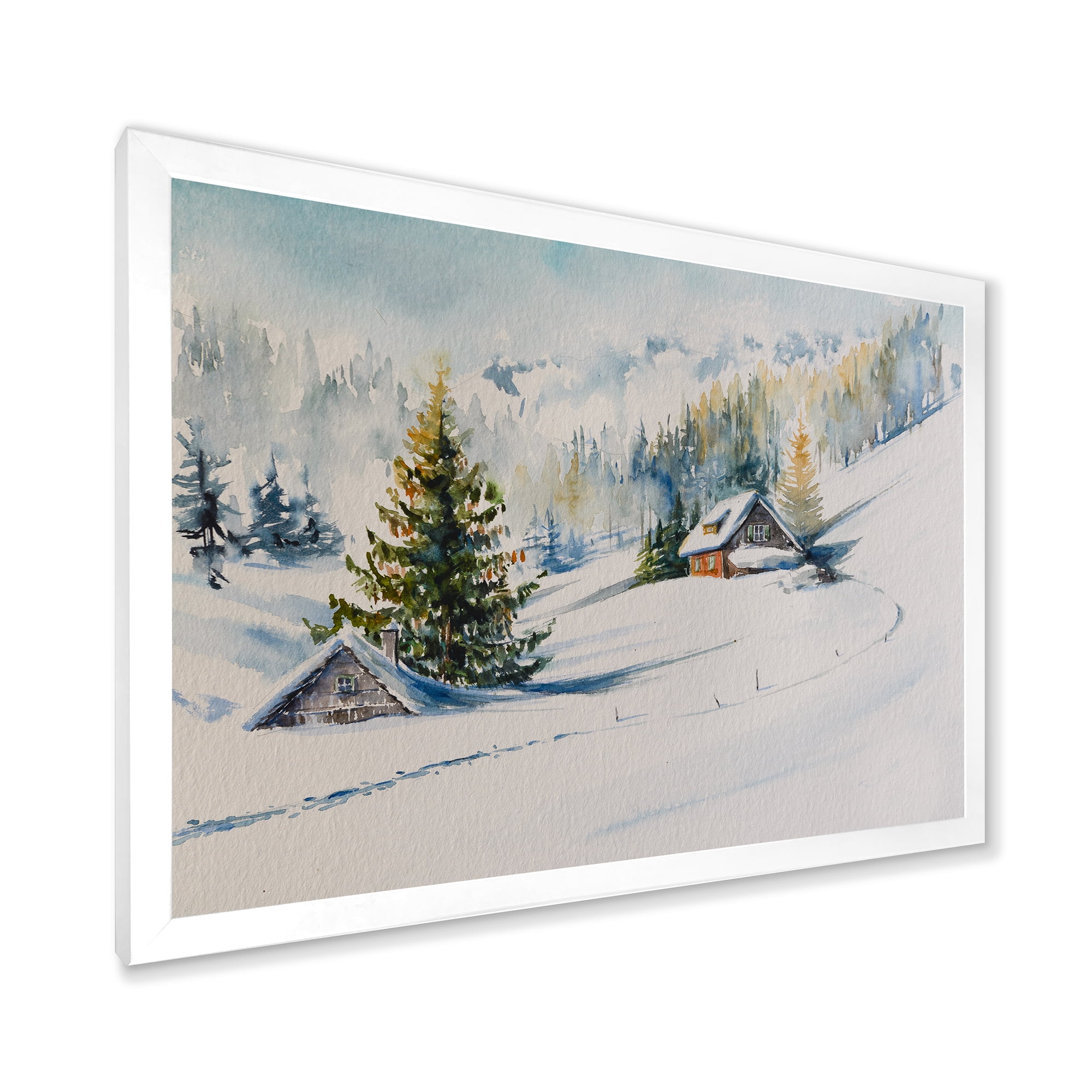 Designart 'The Winter Mountains With Little House' Traditional Framed Art Print