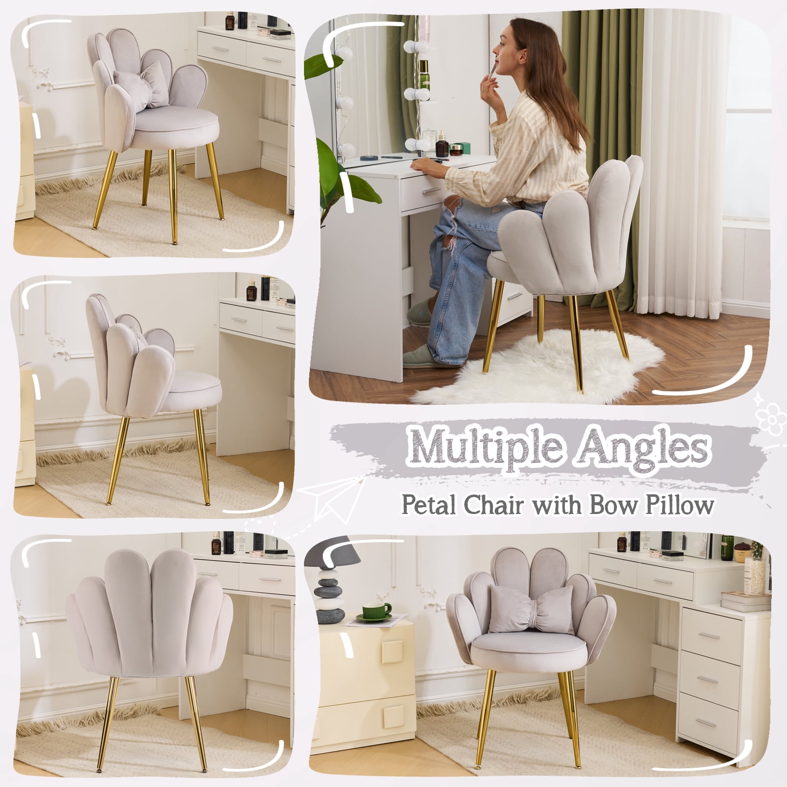 Ktaxon Vanity Makeup Chair Comfy Accent Chair Small Office Chair with Flower Back and Lumbar Pillow for Living Dining Room Bedroom Home Office Velvet Light Gray