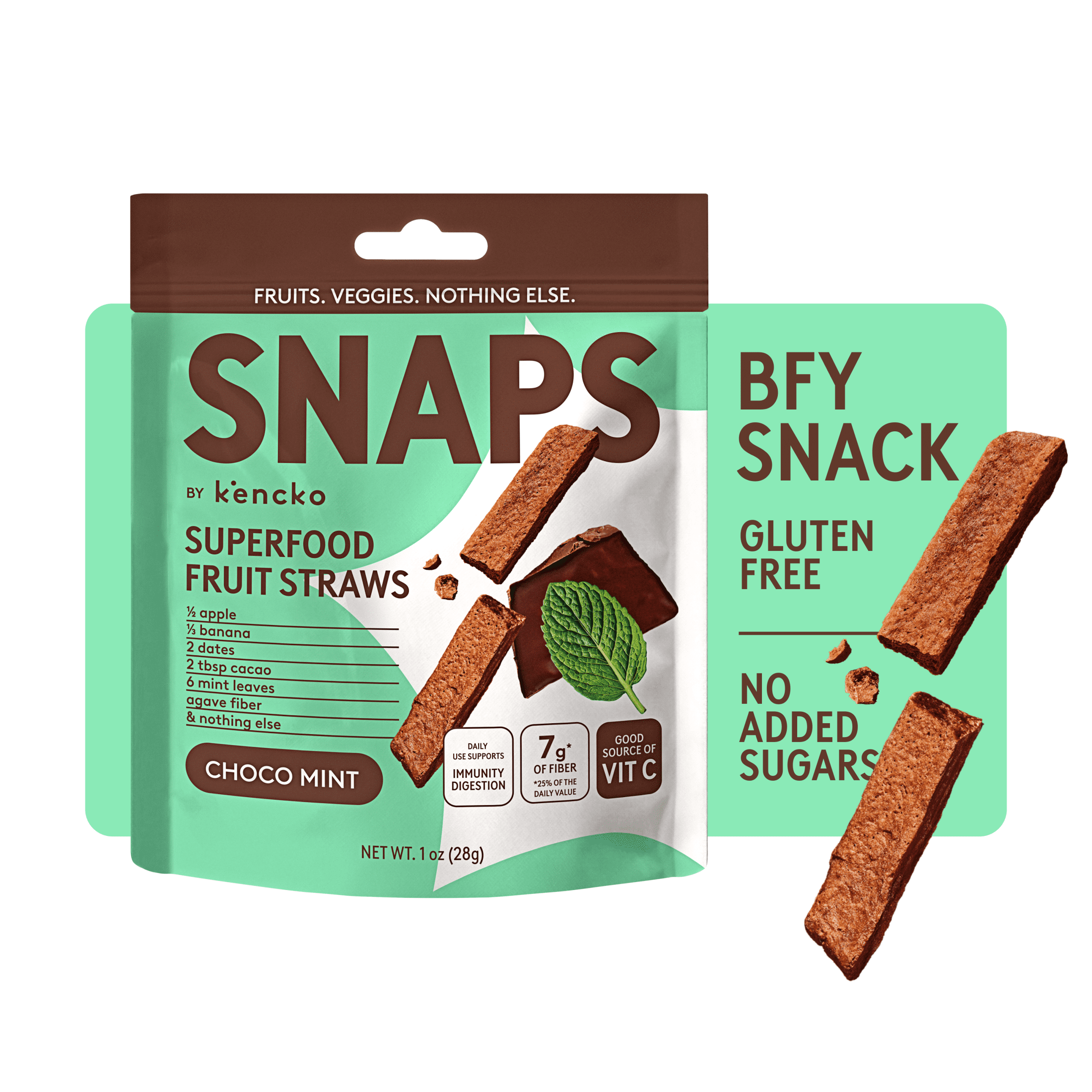 (3 pack) Kencko Chocolate Mint Snaps, Superfood Fruit Straws, 1 oz Bag