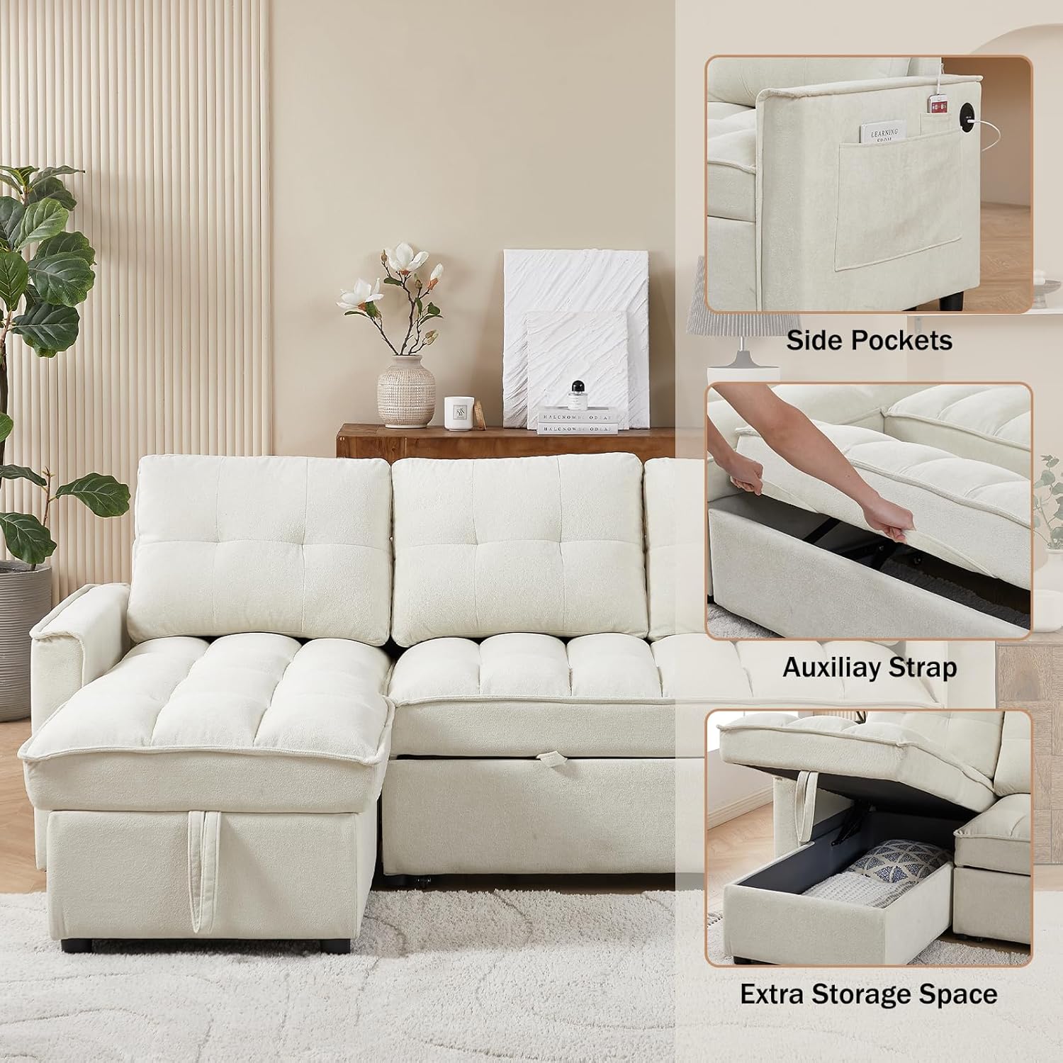 AENKYO 78.75" Reclining Sleeper Sofa with Pull-Out Bed and Built-in Charging Station, 3-Seat Sectional Couch with Cup Holders, Beige