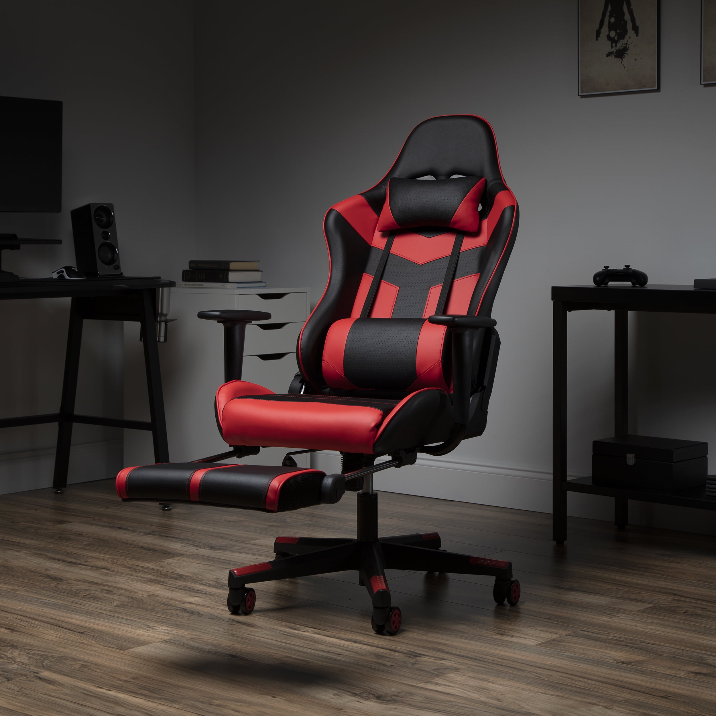 OFM Essentials Collection High Back PU Leather Gaming Chair with Extendable Footrest in Red ESS 6075FR RED