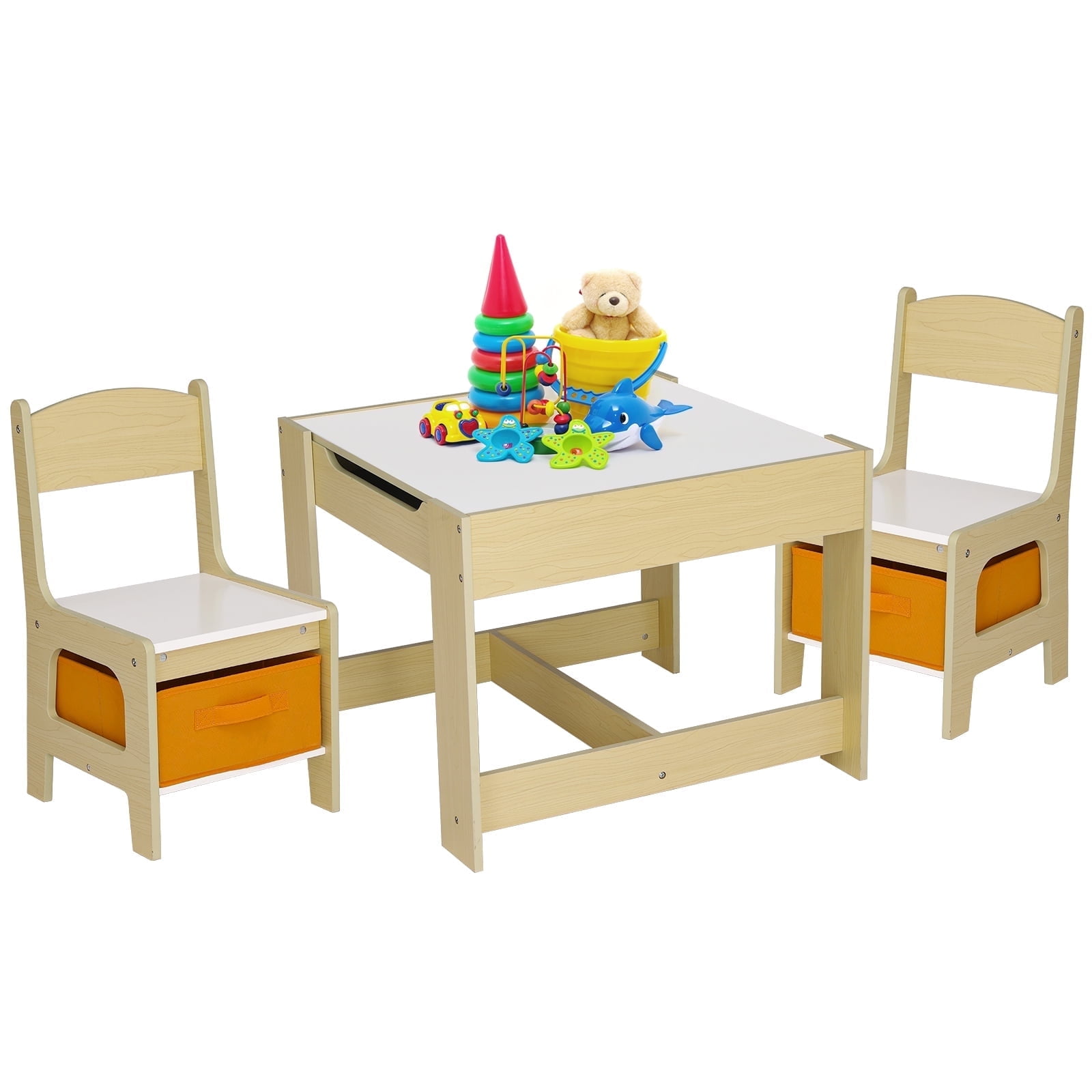 Pirecart Kids Table and 2 Chairs Set Wooden Children Activity Table with Blackboard, Storage Drawer, Yellow