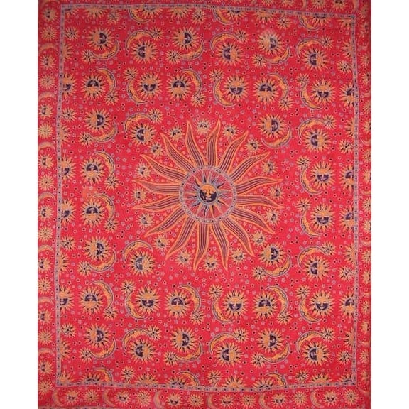 Celestial Tapestry Cotton Bedspread 108" x 88" Full-Queen Red