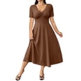 thumbnail image 3 of VBVC Women's Scalloped V Neck Lace Short Sleeve Midi Dress , Ladies' Fit and Flare Casual Dress , Elegant A Line Party Dress For Women,Coffee,S-5XL, 3 of 10
