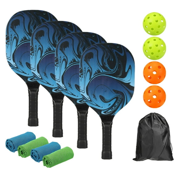 Unique Bargains Pickleball Paddles Set with 4 Wood Pickleball Rackets 4 Pickleball Balls 4 Cooling Towels & Carry Bag