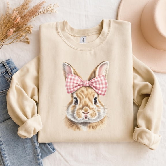 Bunny Sweatshirt With Pink Gingham Bow , Rabbit Graphic Pullover - Sizes S-5XL ,Gategoo