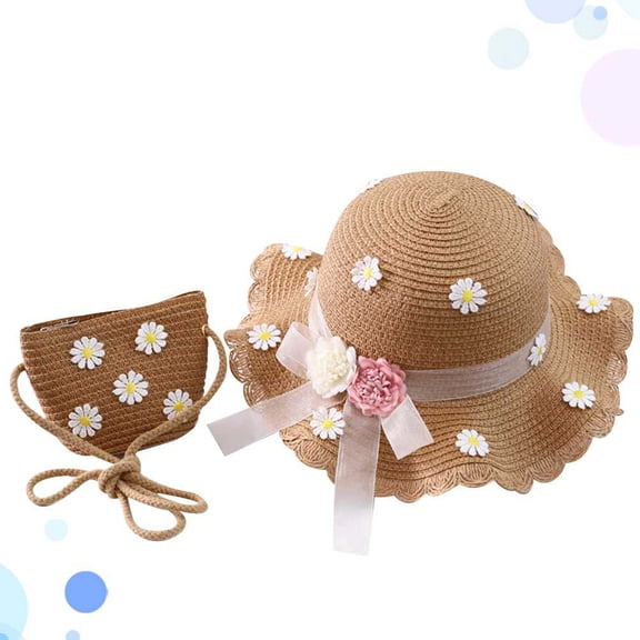PBPBOX 2Pcs Khaki Straw Sun Hat with Daisy Pattern Lightweight Breathable for Toddlers