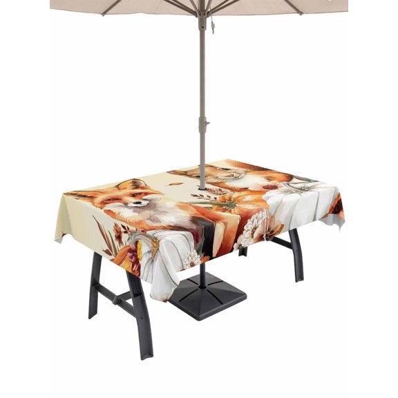 Outdoor Tablecloth with Umbrella Hole and Zipper, Fall Pumpkins Rectangle Table Cloth 60x102 Inch Waterproof Tablecloth, Thanksgiving Farmhouse Squirrel Flower Leaf Picnic Table Cover for Patio