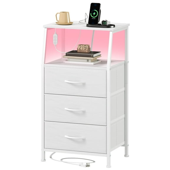 Eunos Small Nightstand with Charging Station and LED for Bedroom, 3 White Drawer Dresser with Storage Shelfs