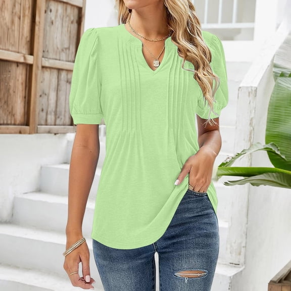 Green Womens Summer Tops Womens V Neck Tops Puff Short Sleeve T Shirt Pleated Floral Printed Tunic Blouse Shirts Shirts for Women