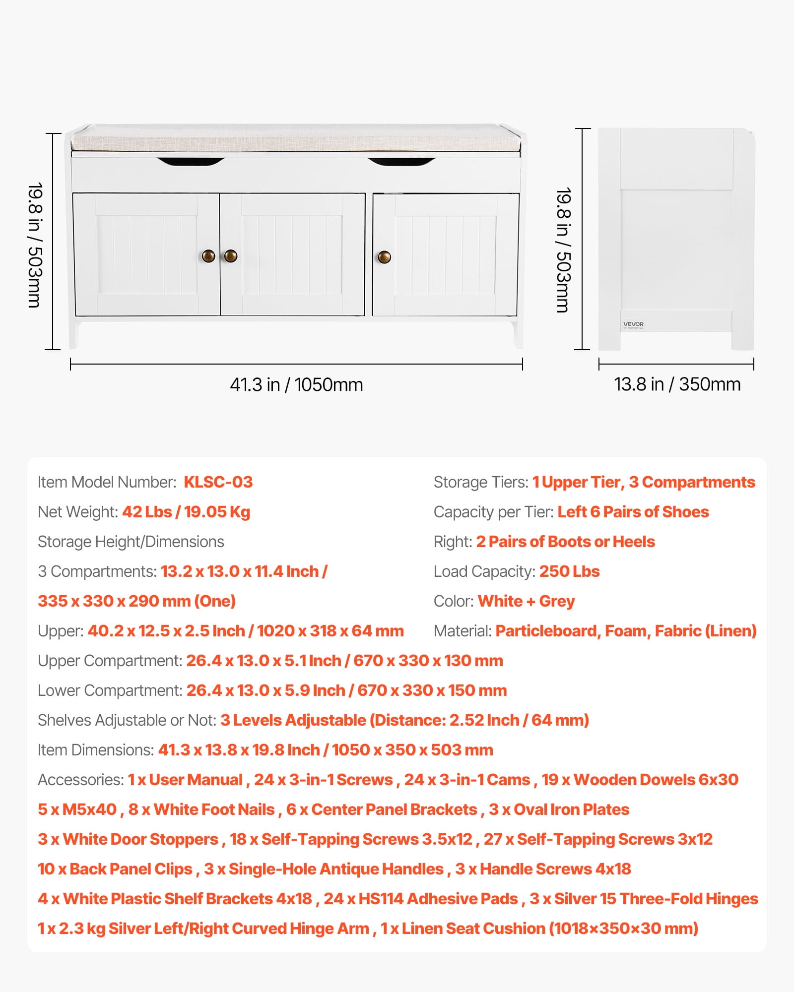 VEVOR Shoe Bench, 41.3 x 13.8 x 19.8 Inch Entryway Bench with Lift Top Storage and Seat Cushion, 250lbs Shoe Rack with 3 Cabinets and Height Adjustable Shelf, for Bedroom,Hallway, White + Black