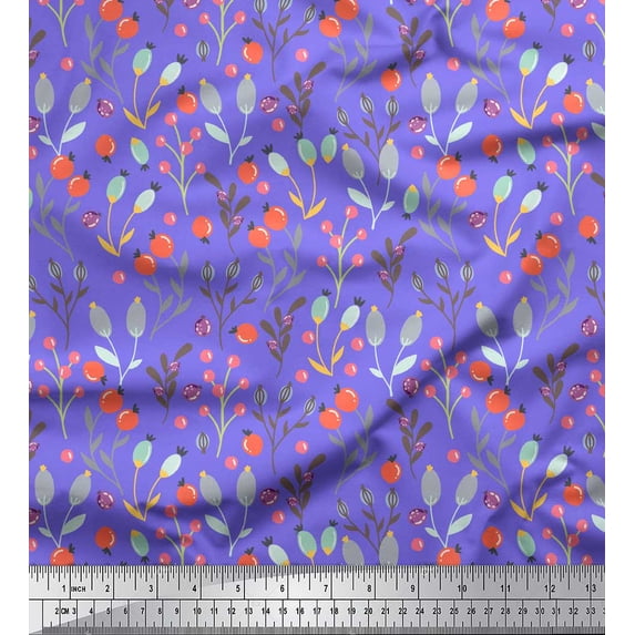 Soimoi Purple Cotton Cambric Fabric Leaves & Berries Fruits Printed Craft Fabric by the Yard 56 Inch Wide
