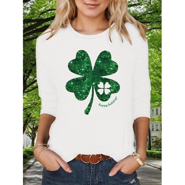 Camiseta De Mujer Verano Activewear Camiseta Básica Para Senderismo Deportes VacacionesWomen's St. Patrick's Day Lucky Clover T-Shirt - Long Sleeve, Crew Neck, Casual White Top with GreenCamisetas d