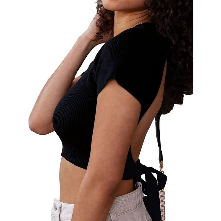 Black ribbed crop top with open bust