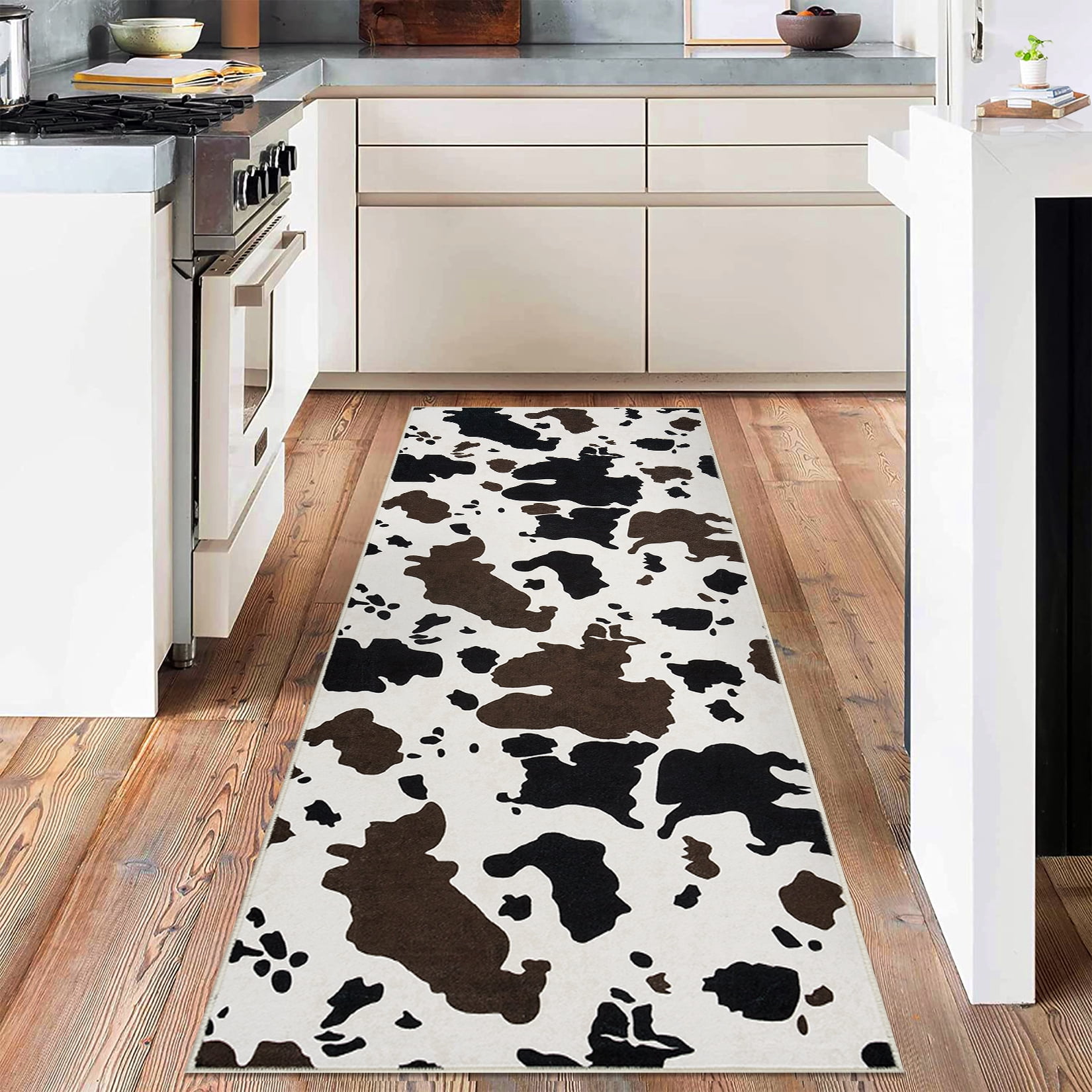 Tzou Cow Print Runner Rugs 2' x 6' – Modern Washable Low Pile Throw Rug with Non-Slip Backing, Stain-Resistant Soft Floor Carpet for Living Room, Bedroom, Kitchen (Machine Washable)